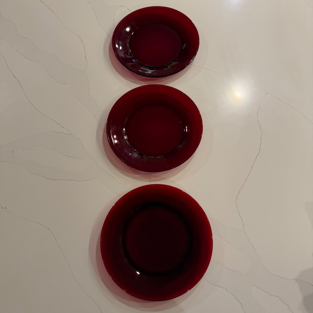 Vintage Ruby Red Glass Plates Set of 3 Graduated Sizes Round MCM Holiday Decor